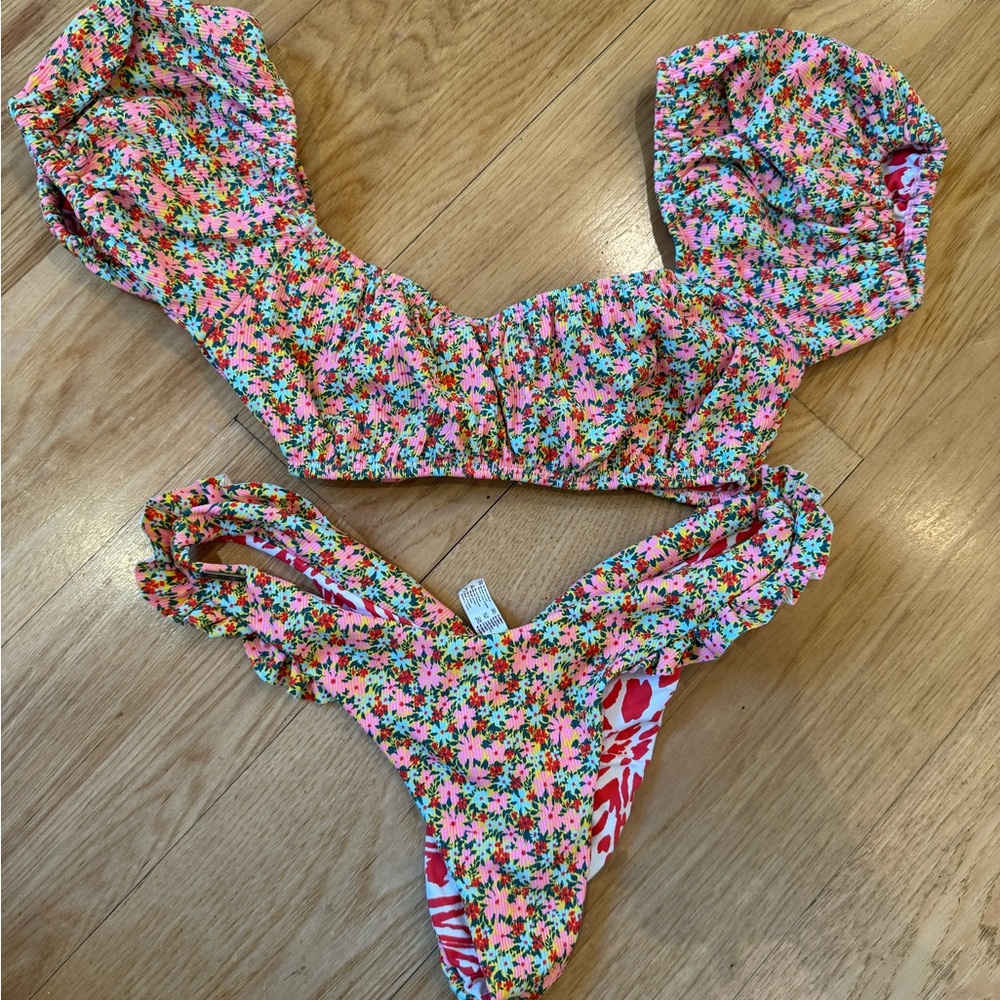 Maaji Bikini in Cherry Blossom Kauai Puff Sleeve Bikini Top & ruffle braz bottom